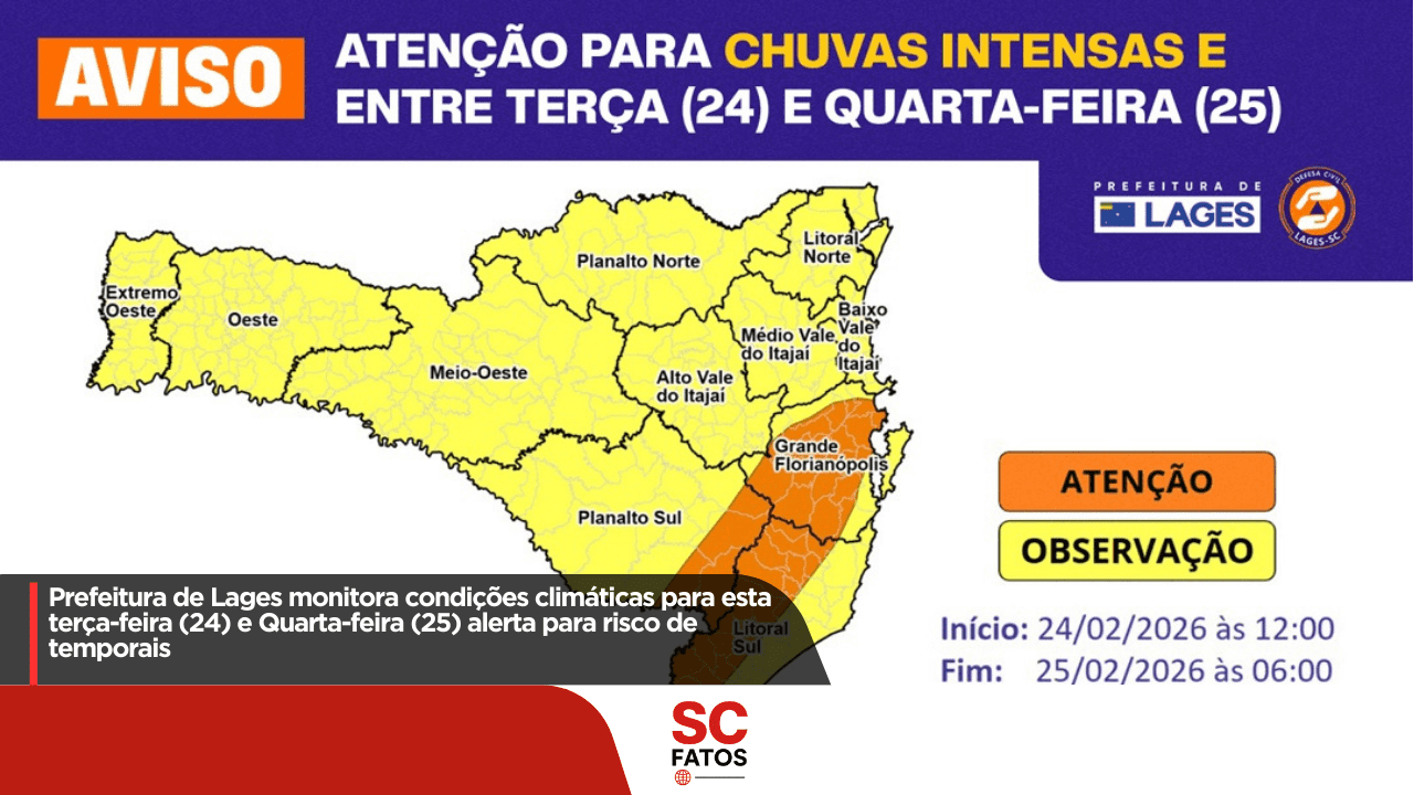 Prefeitura de Lages monitora condições climáticas para esta terça-feira (24) e alerta para risco de temporais