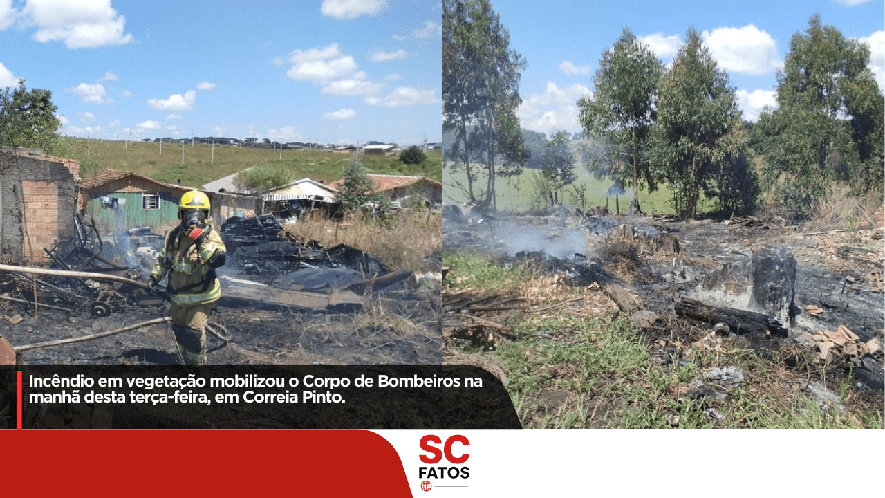 Incêndio em vegetação mobiliza Bombeiros na manhã desta terça-feira em Correia Pinto Chamas atingiram área de aproximadamente 200 metros quadrados no bairro Planalto