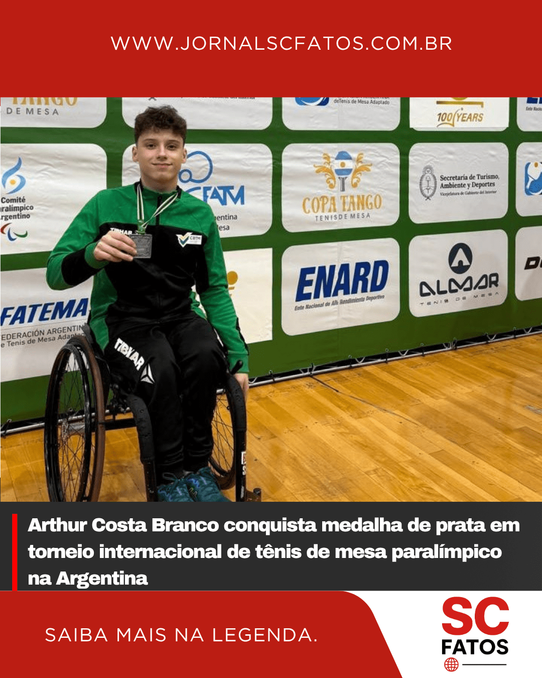 Arthur Costa Branco conquista medalha de prata em torneio internacional de tênis de mesa paralímpico na Argentina