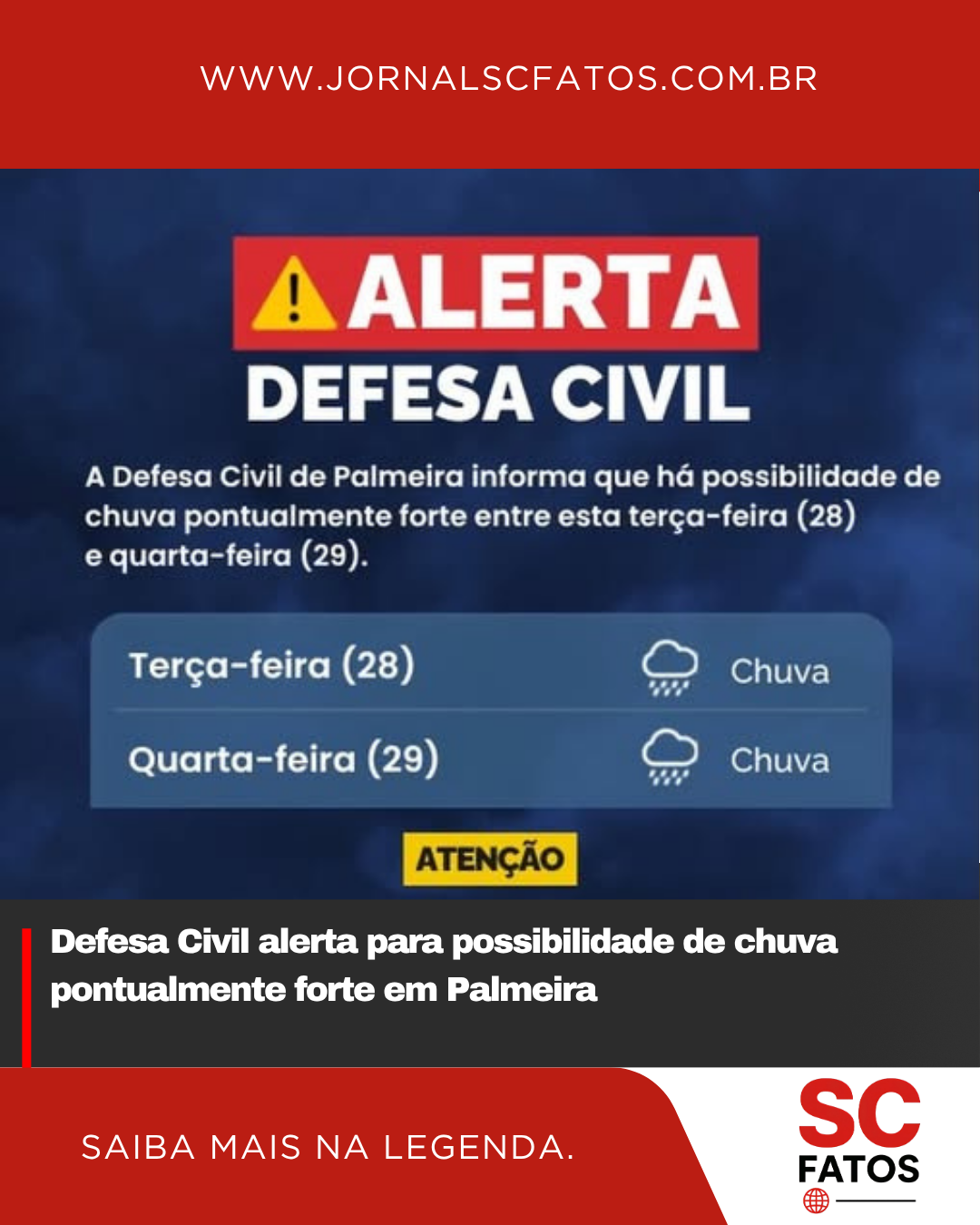 Defesa Civil alerta para possibilidade de chuva pontualmente forte em Palmeira