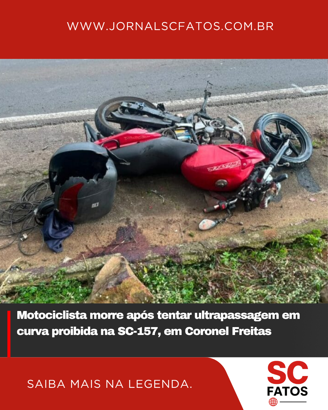 Motociclista morre após tentar ultrapassagem em curva proibida na SC-157, em Coronel Freitas