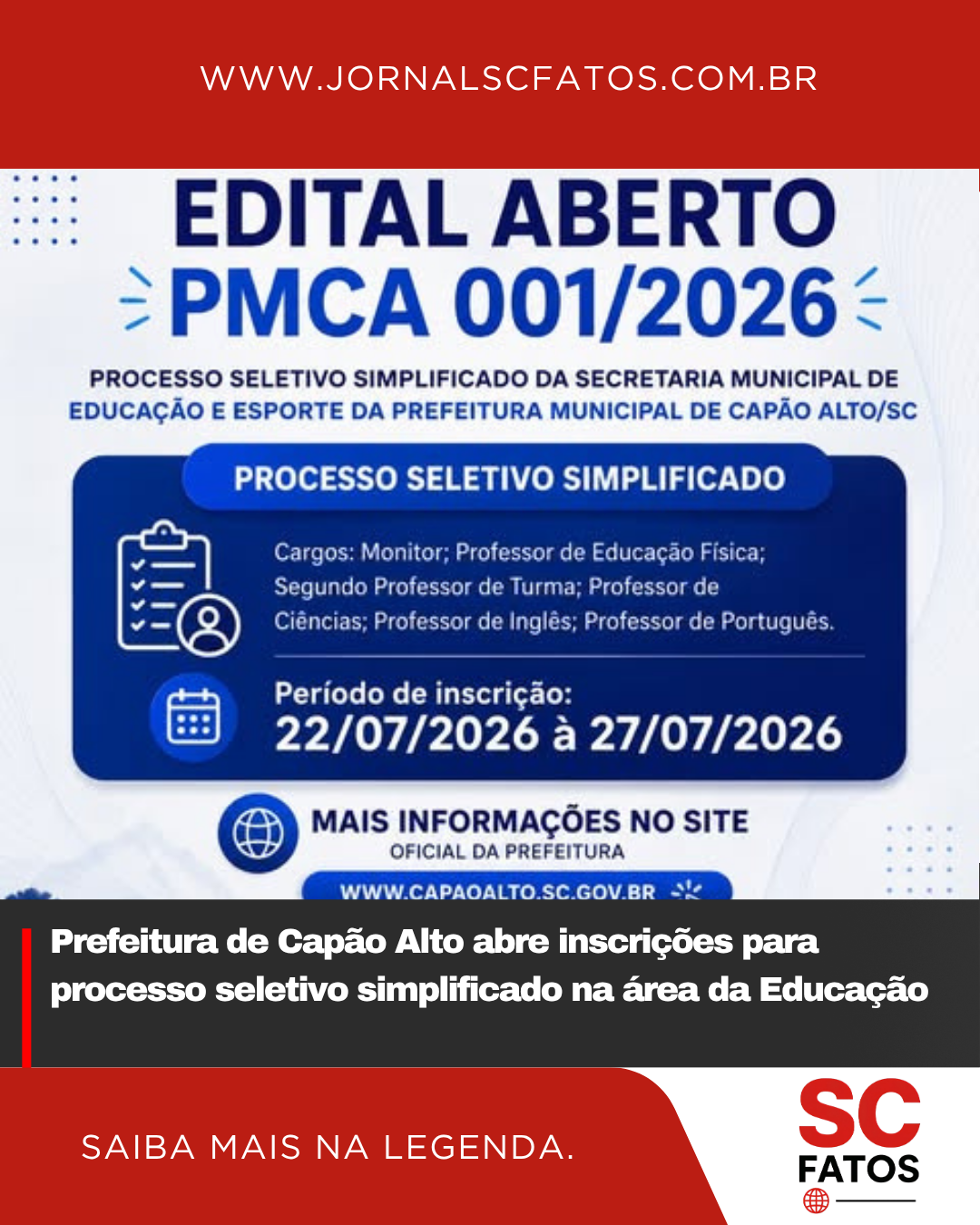 Prefeitura de Capão Alto abre inscrições para processo seletivo simplificado na área da Educação
