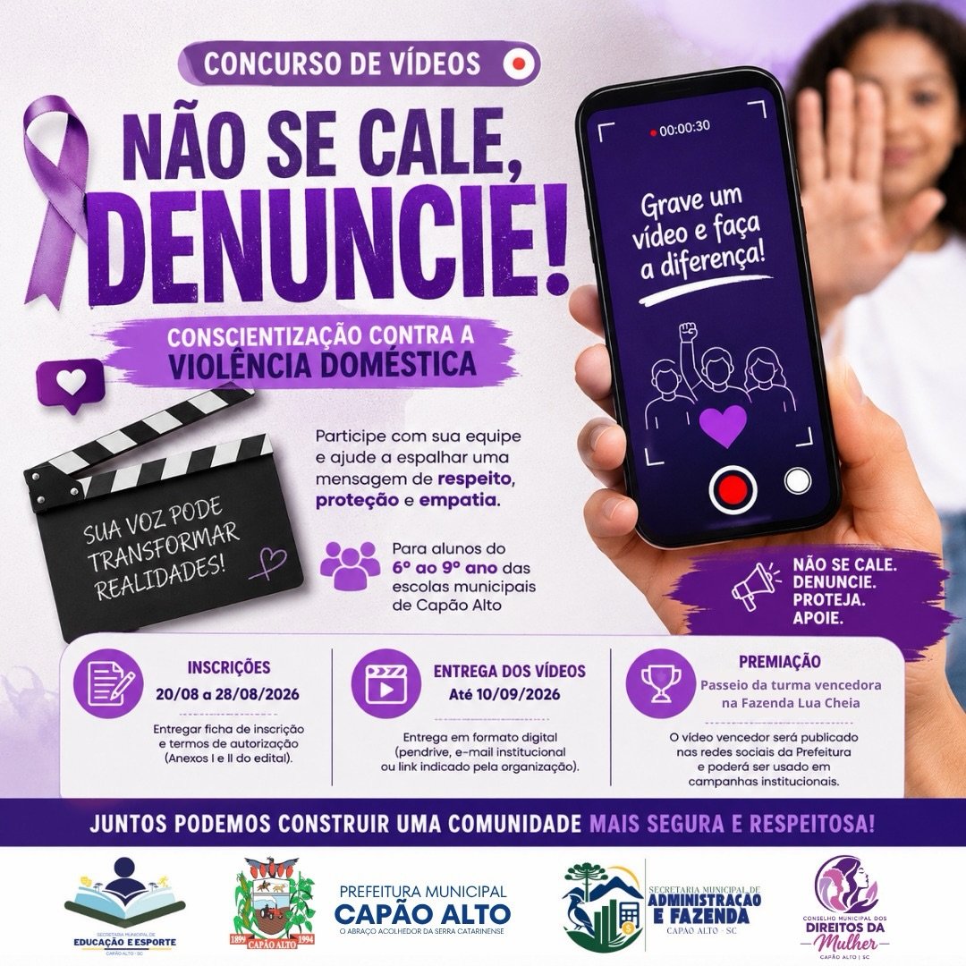 Concurso Agosto Lilás incentiva produção de vídeos de conscientização e prevenção à violência contra a mulher em Capão Alto