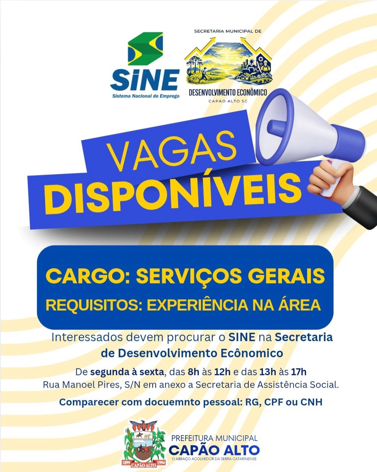 SINE de Capão Alto divulga vaga de emprego para Serviços Gerais