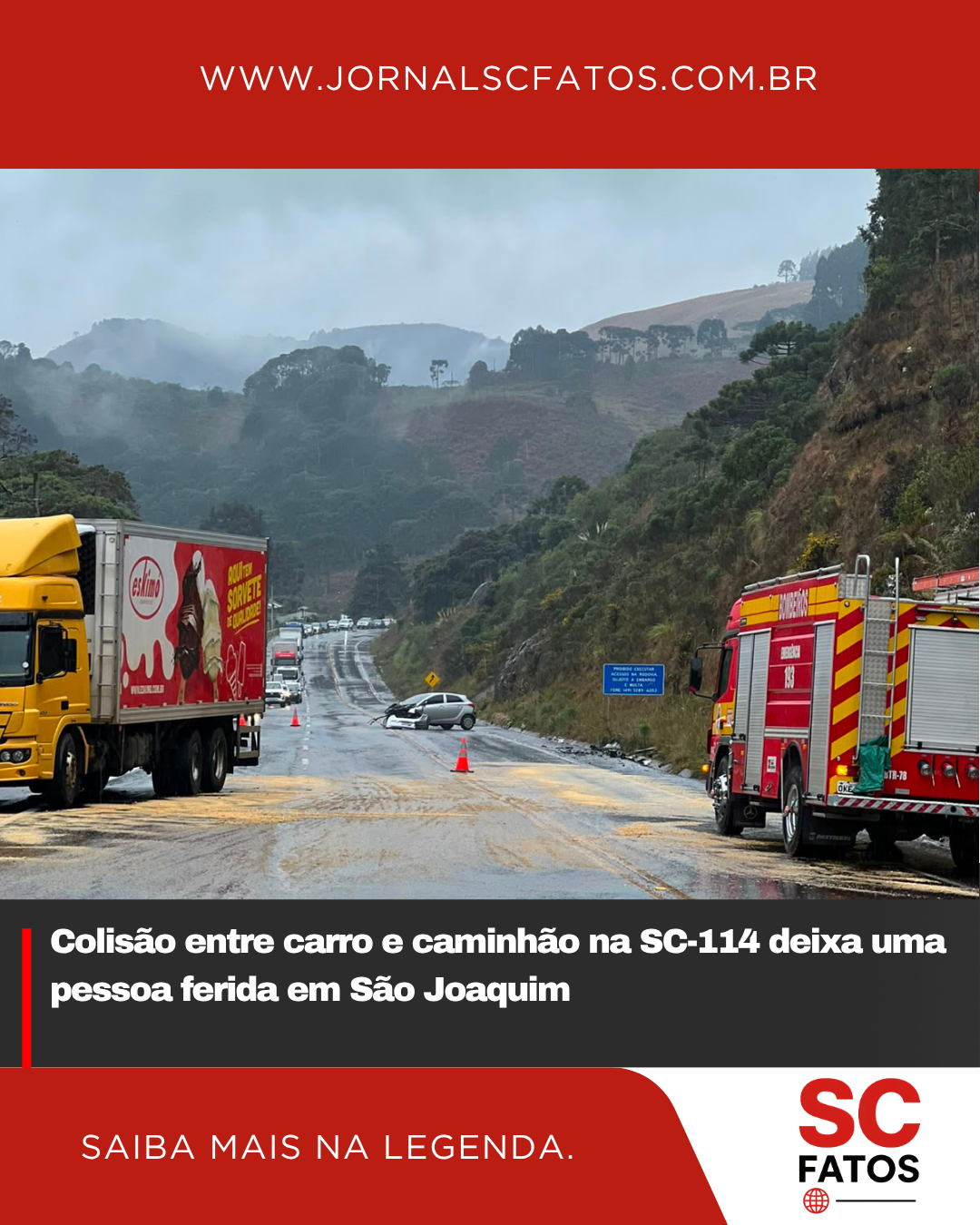 Colisão entre carro e caminhão na SC-114 deixa uma pessoa ferida em São Joaquim