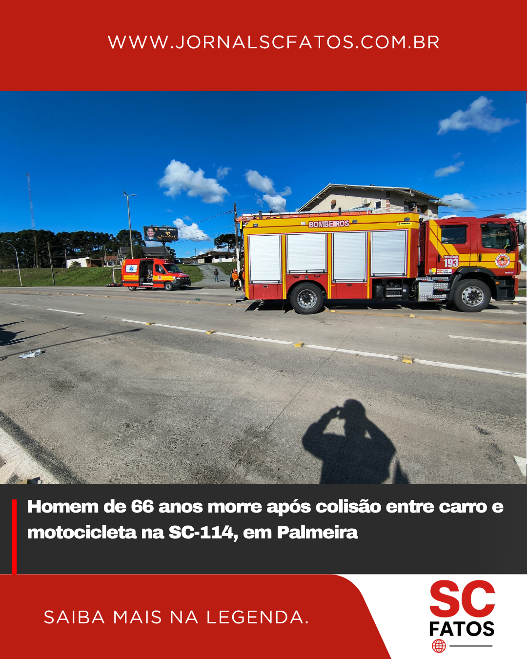 Homem de 66 anos morre após colisão entre carro e motocicleta na SC-114, em Palmeira