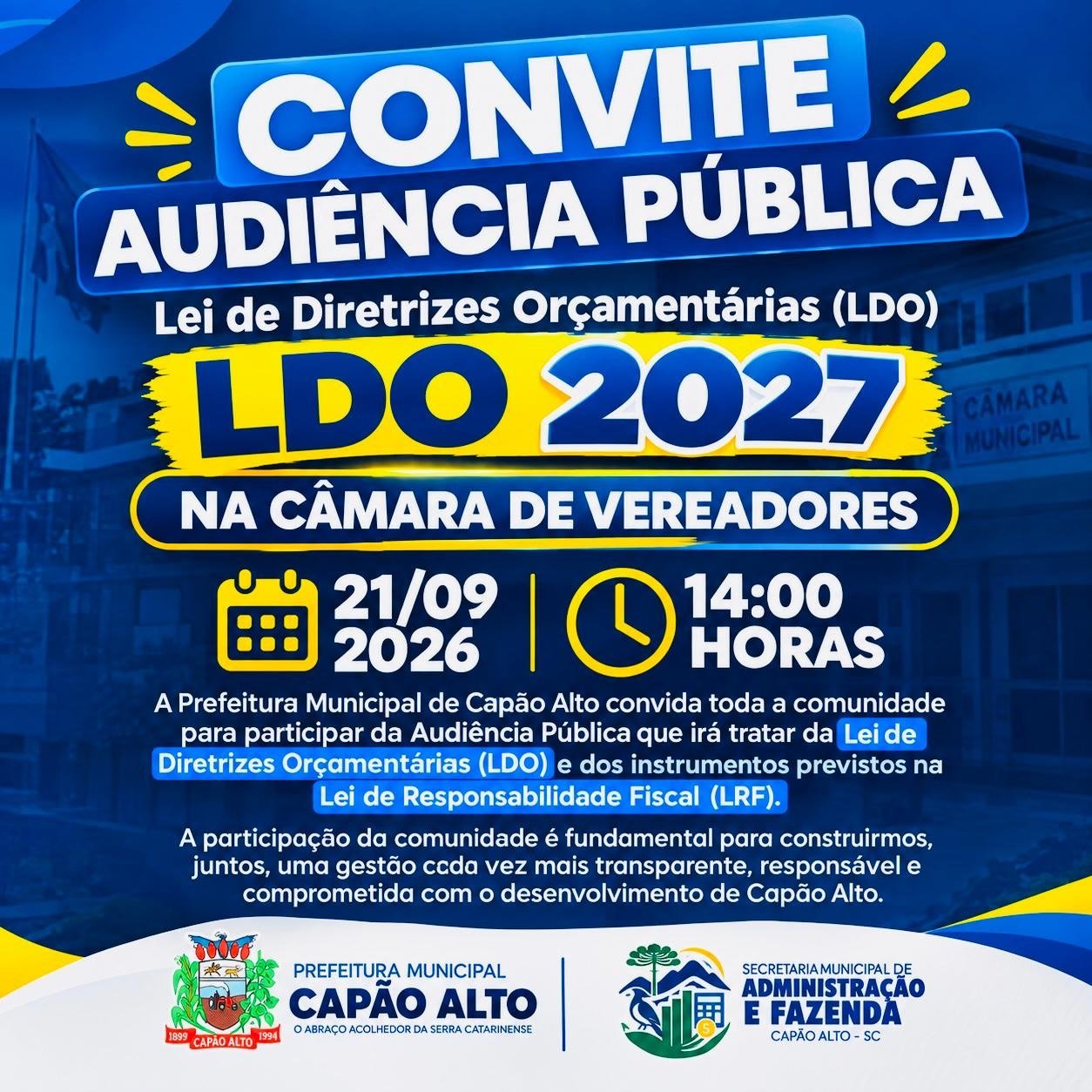 Capão Alto realiza audiência pública sobre a LDO 2027 na próxima segunda-feira