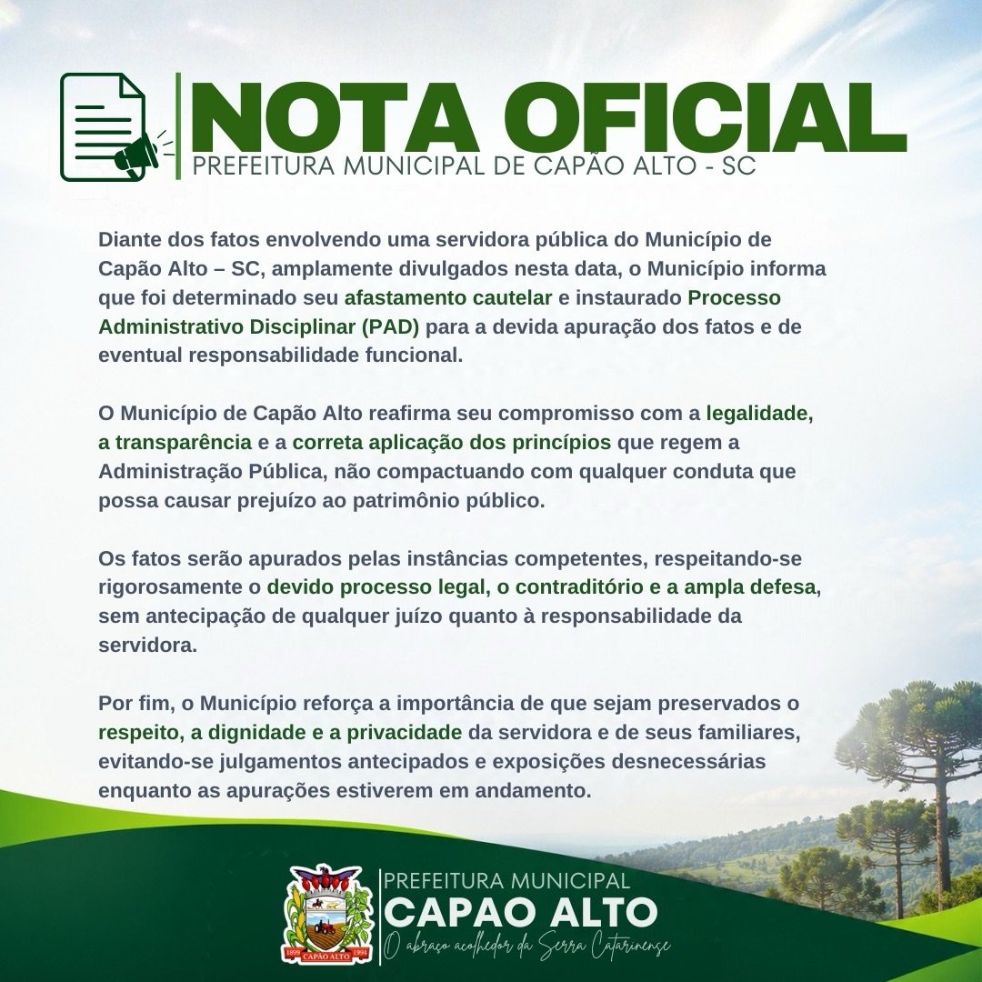 Prefeitura de Capão Alto afasta servidora cautelarmente e instaura processo administrativo