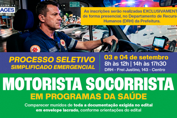 Prefeitura de Lages abre processo seletivo emergencial para Motorista Socorrista