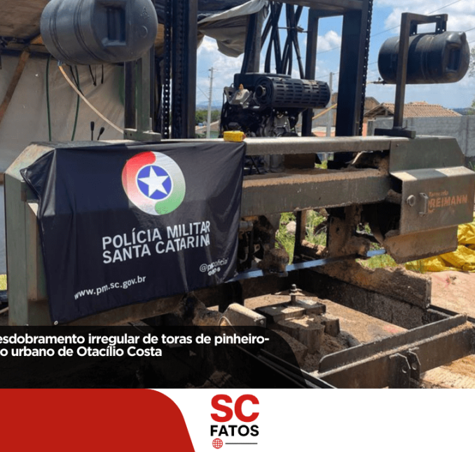 Polícia Militar flagra desdobramento irregular de toras de Pinheiro Brasileiro em perímetro urbano de Otacílio Costa