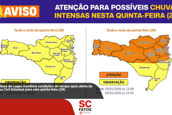 Prefeitura de Lages monitora condições do tempo após alerta da Defesa Civil Estadual para esta quinta-feira (29)