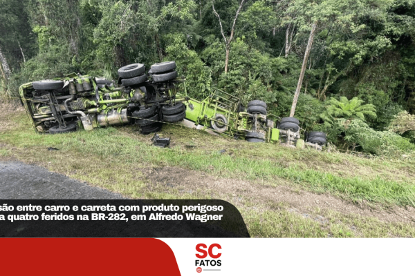 Colisão entre carro e carreta com produto perigoso deixa quatro feridos na BR-282, em Alfredo Wagner