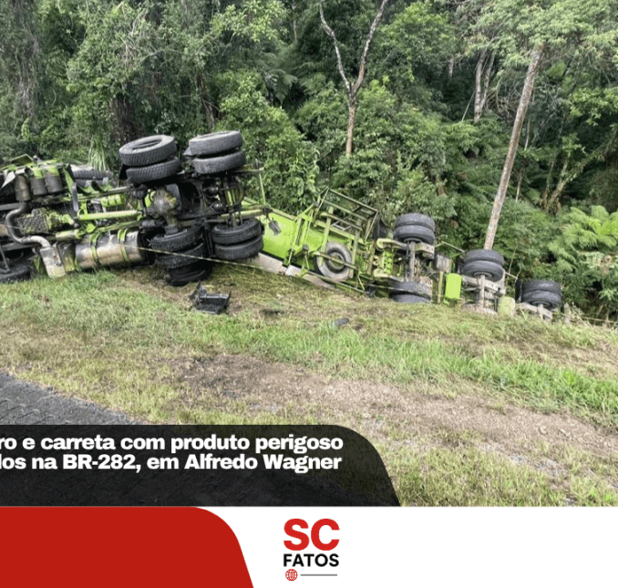 Colisão entre carro e carreta com produto perigoso deixa quatro feridos na BR-282, em Alfredo Wagner