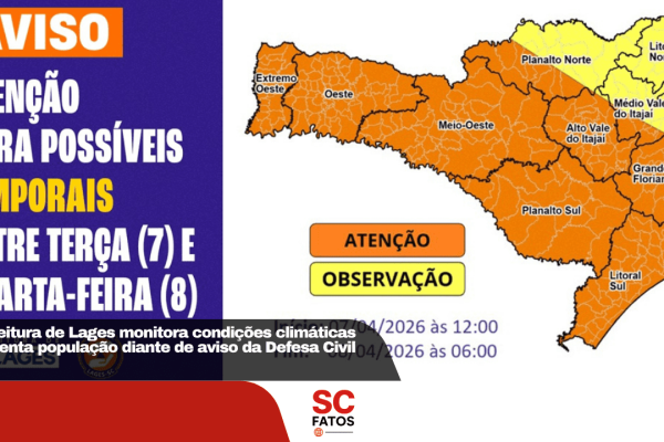 Prefeitura de Lages monitora condições climáticas e orienta população diante de aviso da Defesa Civil