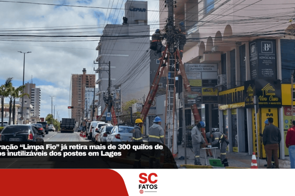 Operação “Limpa Fio” já retira mais de 300 quilos de cabos inutilizáveis dos postes em Lages