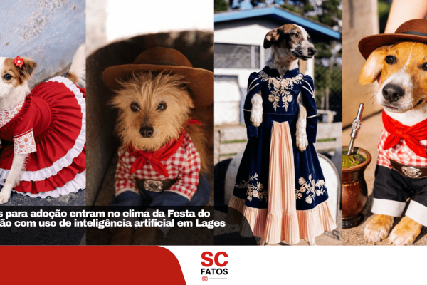 Cães para adoção entram no clima da Festa do Pinhão com uso de inteligência artificial em Lages