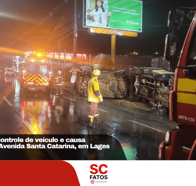 Motorista perde controle de veículo e causa capotamento na Avenida Santa Catarina, em Lages
