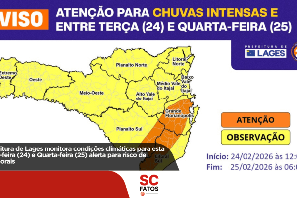 Prefeitura de Lages monitora condições climáticas para esta terça-feira (24) e alerta para risco de temporais