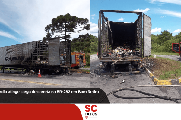 Incêndio atinge carga de carreta na BR-282 em Bom Retiro