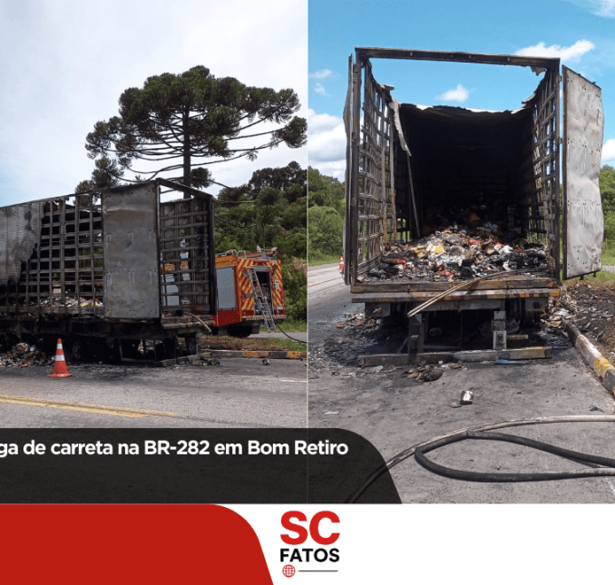 Incêndio atinge carga de carreta na BR-282 em Bom Retiro