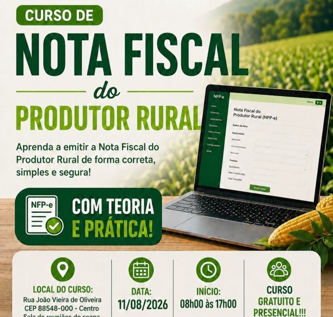Capão Alto abre inscrições para curso gratuito sobre emissão da Nota Fiscal do Produtor Rural