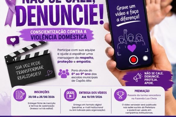 Concurso Agosto Lilás incentiva produção de vídeos de conscientização e prevenção à violência contra a mulher em Capão Alto