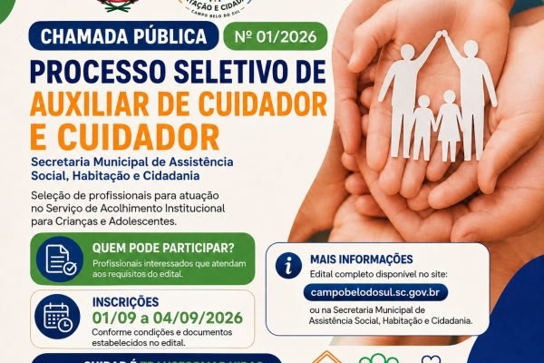 Campo Belo do Sul abre processo seletivo para Auxiliar de Cuidador e Cuidador