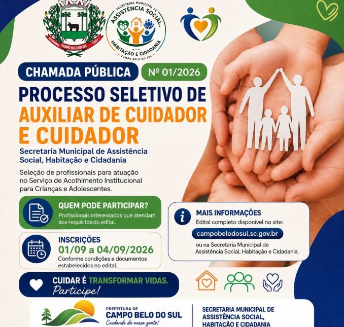 Campo Belo do Sul abre processo seletivo para Auxiliar de Cuidador e Cuidador