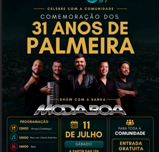 Palmeira comemora 31 anos com costelaço, show e bolo comemorativo neste sábado