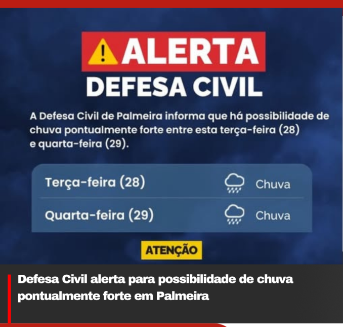 Defesa Civil alerta para possibilidade de chuva pontualmente forte em Palmeira