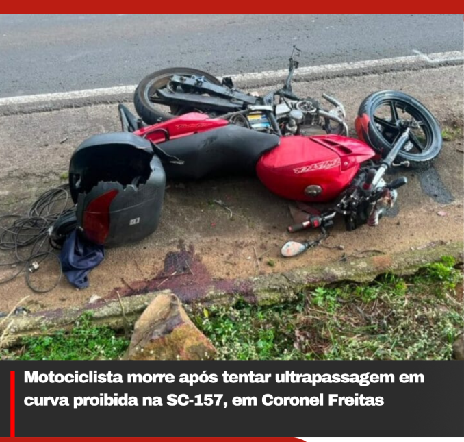Motociclista morre após tentar ultrapassagem em curva proibida na SC-157, em Coronel Freitas