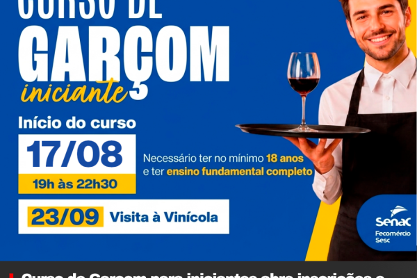 Curso de Garçom para iniciantes abre inscrições e amplia oportunidades de qualificação profissional em Lages