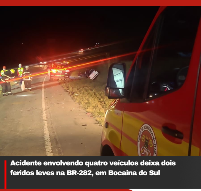 Acidente envolvendo quatro veículos deixa dois feridos leves na BR-282, em Bocaina do Sul