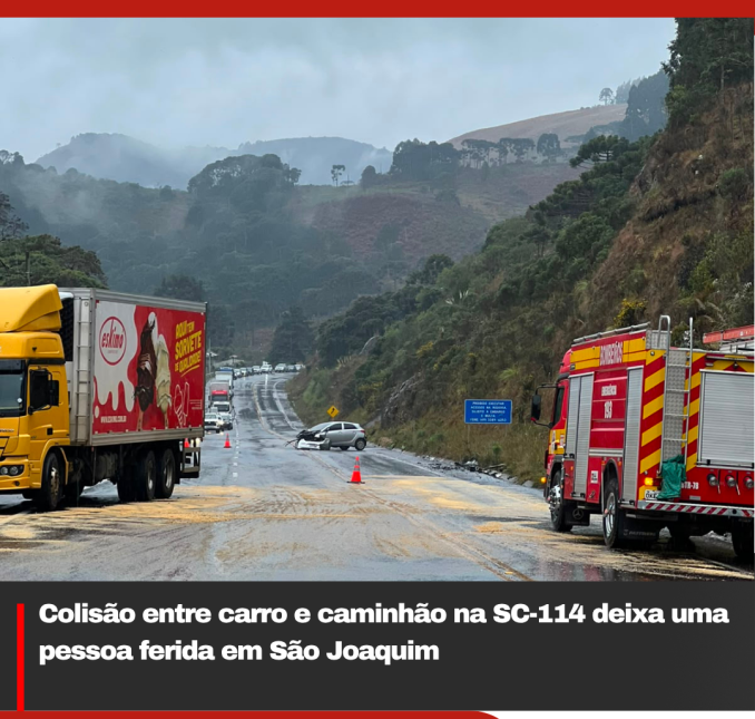 Colisão entre carro e caminhão na SC-114 deixa uma pessoa ferida em São Joaquim