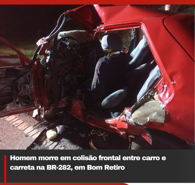 Homem morre em colisão frontal entre carro e carreta na BR-282, em Bom Retiro