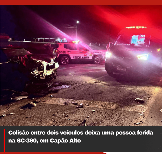 Colisão entre dois veículos deixa uma pessoa ferida na SC-390, em Capão Alto