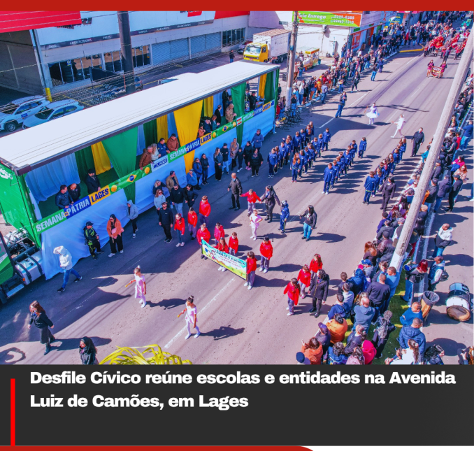 Desfile Cívico reúne escolas e entidades na Avenida Luiz de Camões, em Lages