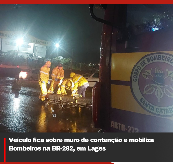 Veículo fica sobre muro de contenção e mobiliza Bombeiros na BR-282, em Lages