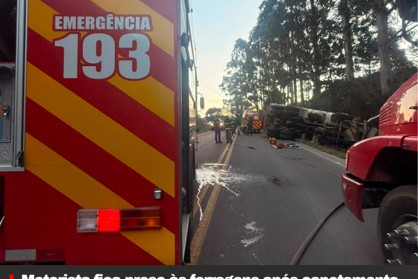 Motorista fica preso às ferragens após capotamento de caminhão na SC-110, em Urubici