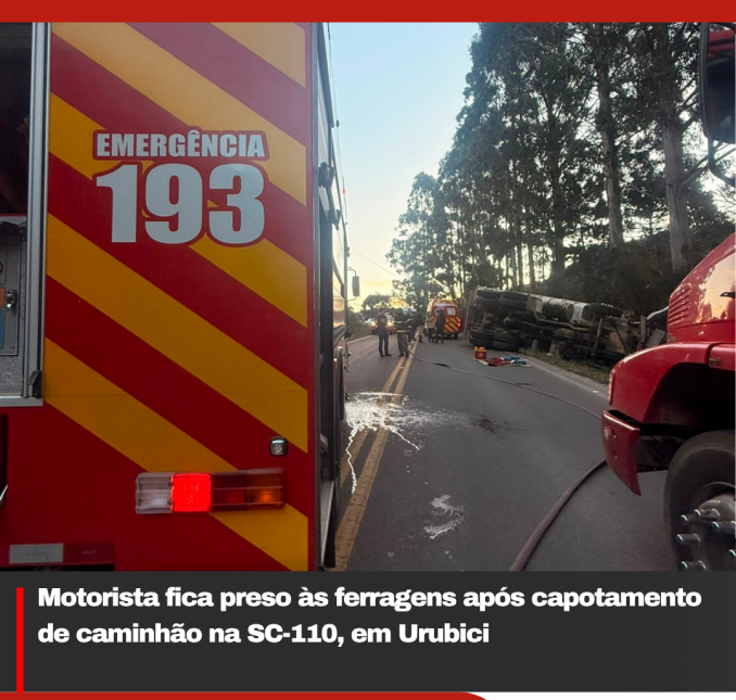 Motorista fica preso às ferragens após capotamento de caminhão na SC-110, em Urubici