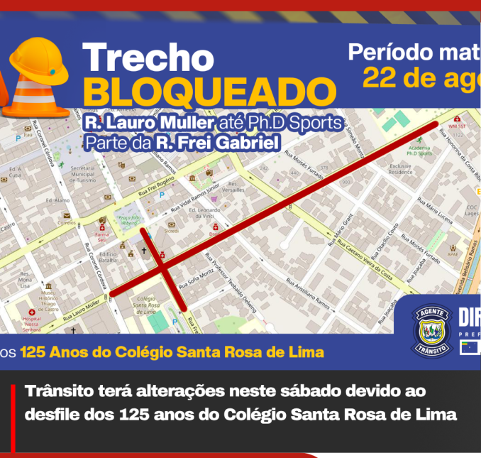 Trânsito terá alterações neste sábado devido ao desfile dos 125 anos do Colégio Santa Rosa de Lima