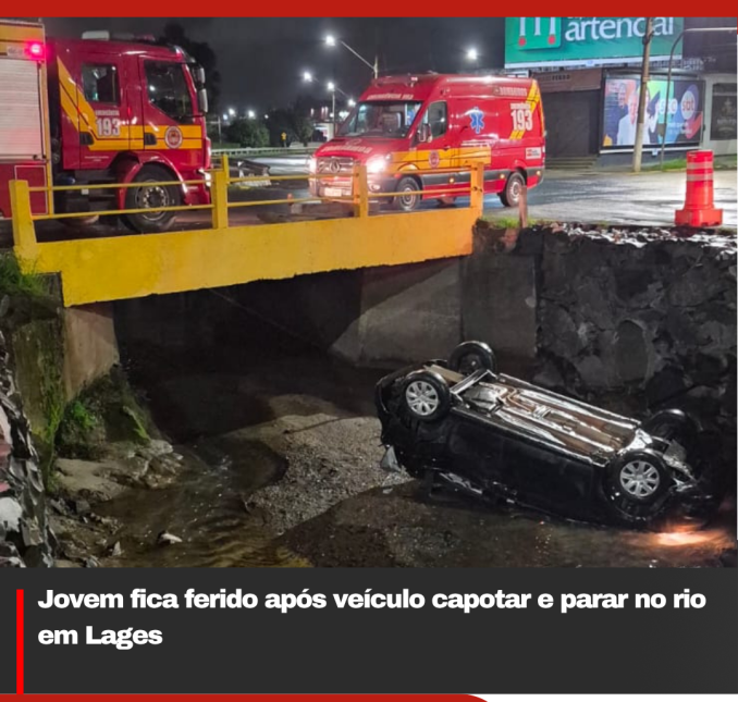 Jovem fica ferido após veículo capotar e parar no rio em Lages