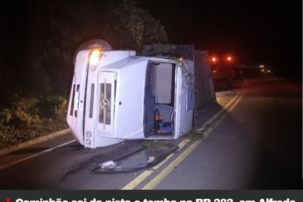 Caminhão sai da pista e tomba na BR-282, em Alfredo Wagner