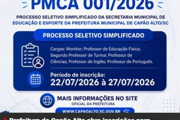 Prefeitura de Capão Alto abre inscrições para processo seletivo simplificado na área da Educação