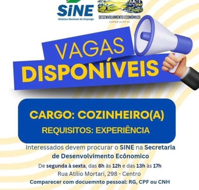 Sine de Capão Alto está com novas vagas de emprego disponíveis